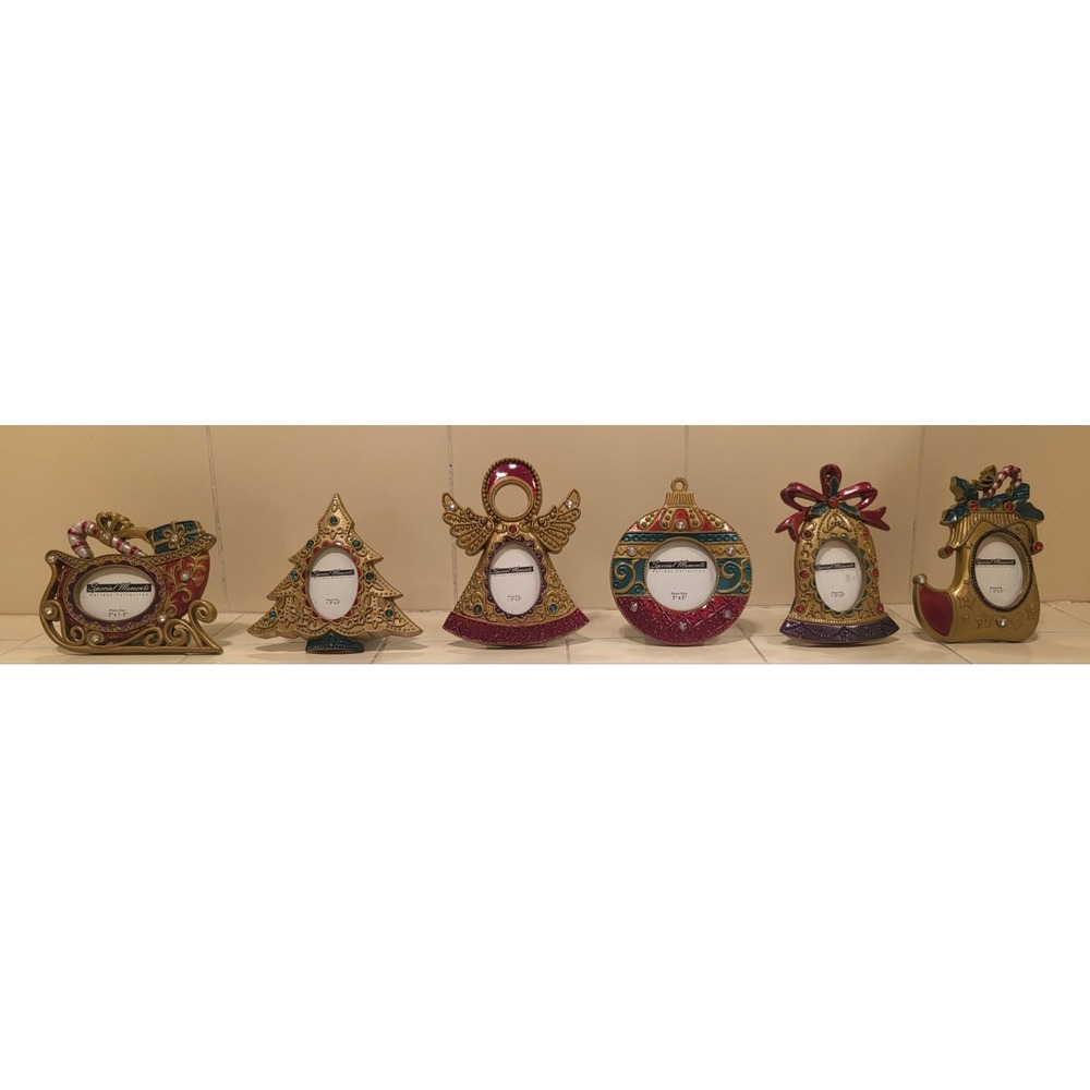 6 Vintage 80's Christmas House Sleigh Bells Collection Ornament Photo Frame